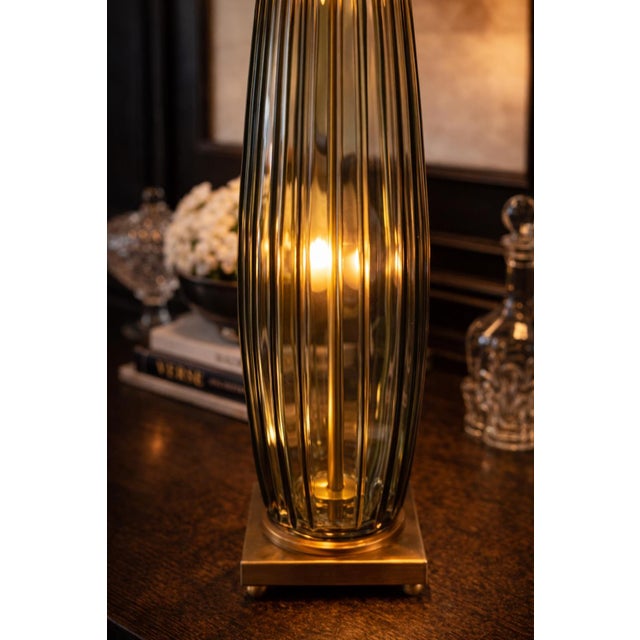 Blue Late 20th Century Extra-Tall Ribbed Smoky Glass & Solid Brass Table Lamps – 31” Designer Scale - a Pair For Sale - Image 8 of 12