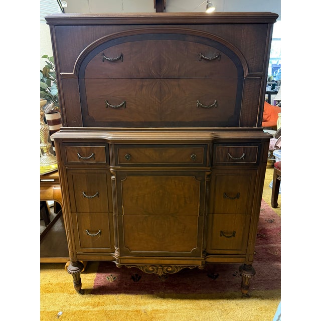1930s Berkey and Gay Style Art Deco Mahogany Burlwood Highboy Dresser For Sale - Image 13 of 13