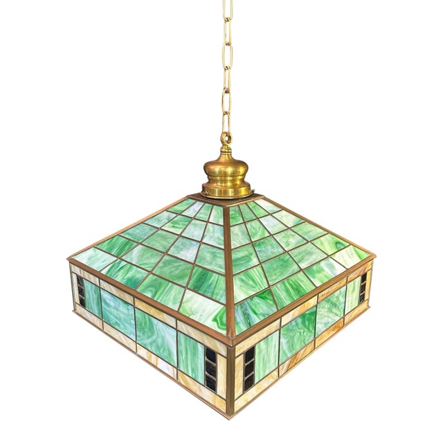1930s Arts & Crafts Pendant Light With Green Glass For Sale