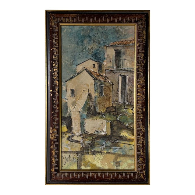 Vintage European Village Landscape Oil on Canvas Painting – Framed For Sale