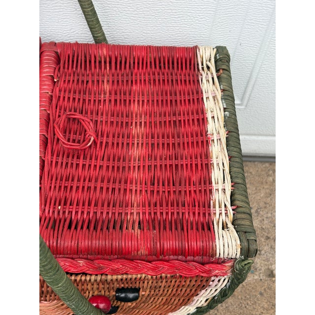 Red Vintage Boho Trompe L’Oeil Watermelon Wicker Picnic Basket. For Sale - Image 8 of 12