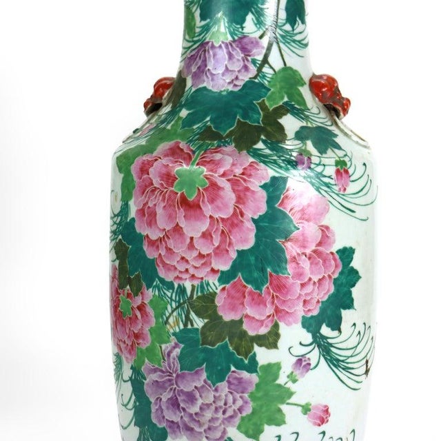 Chinese Antique Chinese Pottery Tall Vase With With Floral & Calligraphy C1890 For Sale - Image 3 of 12