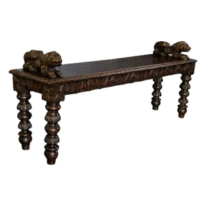 English Hand-Carved Oak Bench with Recumbent Carved Lions