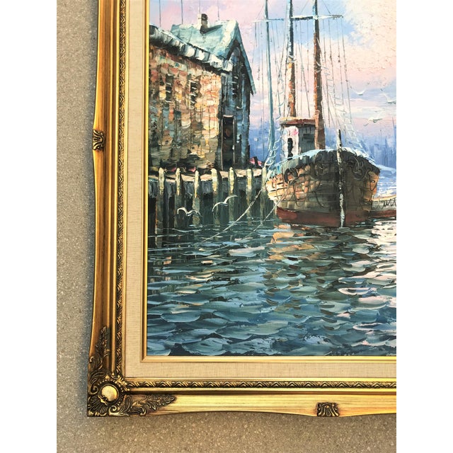 Vintage Signed & Framed W. Haywood Painting on Canvas, Boats and Old Boathouse For Sale In West Palm - Image 6 of 11
