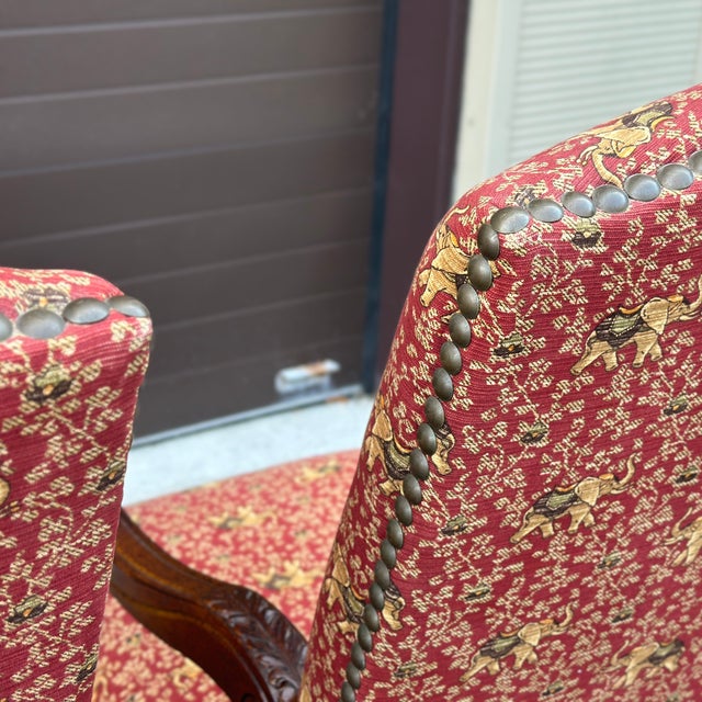 Thomasville Carved French Country Oversized Fireside Open Arm Chairs in Elephant Print Upholstery - a Pair For Sale - Image 11 of 12
