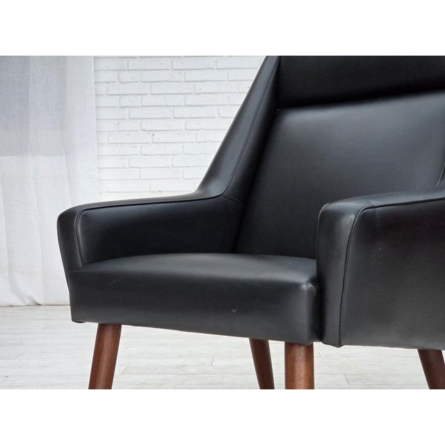 Danish Highback Armchair in Black Leatherette and Teak, 1970s For Sale - Image 13 of 18