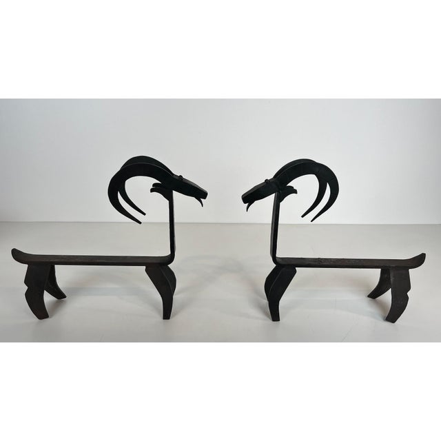 Metal Pair of Wrought Iron Andirons Representing a Goat in the Edouard Schenck Style For Sale - Image 7 of 12