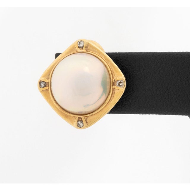 Contemporary Modernist Mabe Pearl and Diamond 14k Yellow Gold Earrings For Sale - Image 3 of 6