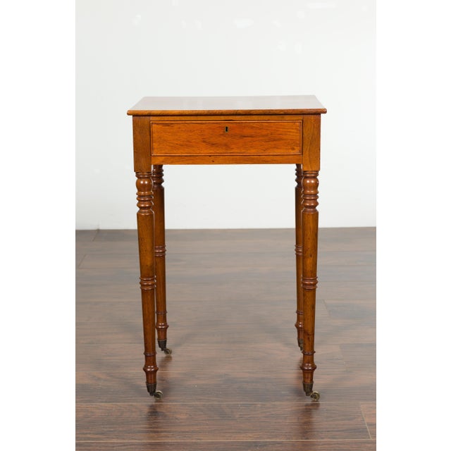 Brown English 1820s Walnut Side Table with Single Drawer, Turned Legs and Casters For Sale - Image 8 of 12