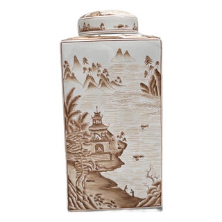Square Porcelain Ginger Jar in Sepia Tones For Sale