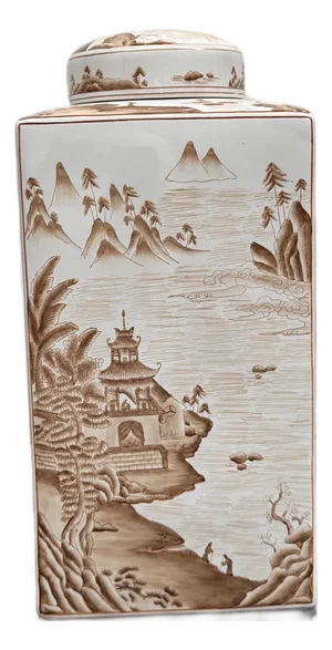 Square Porcelain Ginger Jar in Sepia Tones