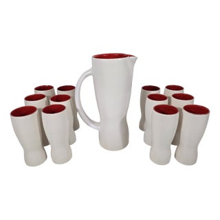 Model 1059 Pitcher and Ceramic Cups by Pol Chambost, 1950, Set of 13 For Sale