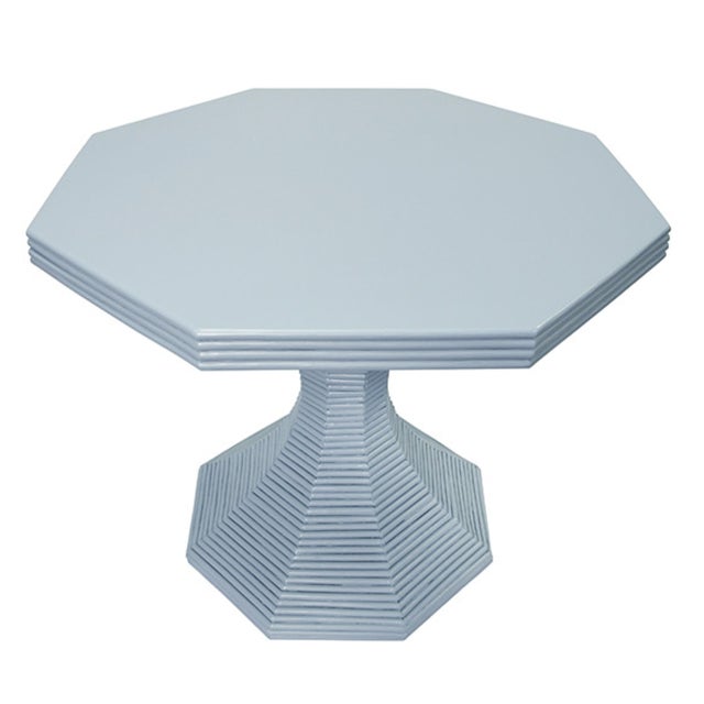 Worlds Away Matthew Izzo Home Octavia 36" Octagonal Light Blue Painted Rattan Pedestal Table For Sale - Image 4 of 11