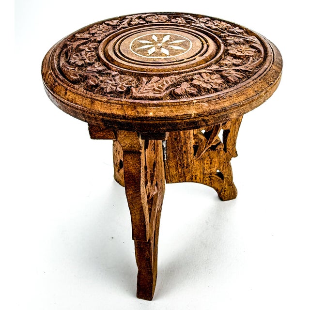 Bauhaus Vintage Carved Folding Plant Stand Teak Wood With Inlay Detailing For Sale - Image 3 of 11