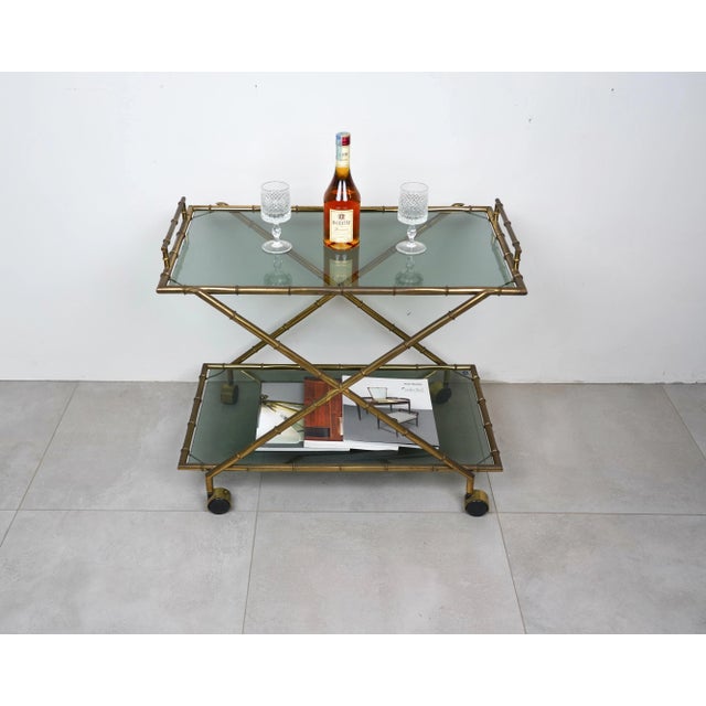 Faux Bamboo Brass & Smoked Glass Serving Cart from Rue Royale, France, 1960s For Sale - Image 9 of 18