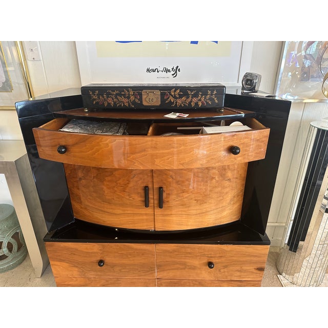 Rare Art Deco Glossy Lacquer Honey Walnut & Ebonized Wood Commode For Sale - Image 13 of 13