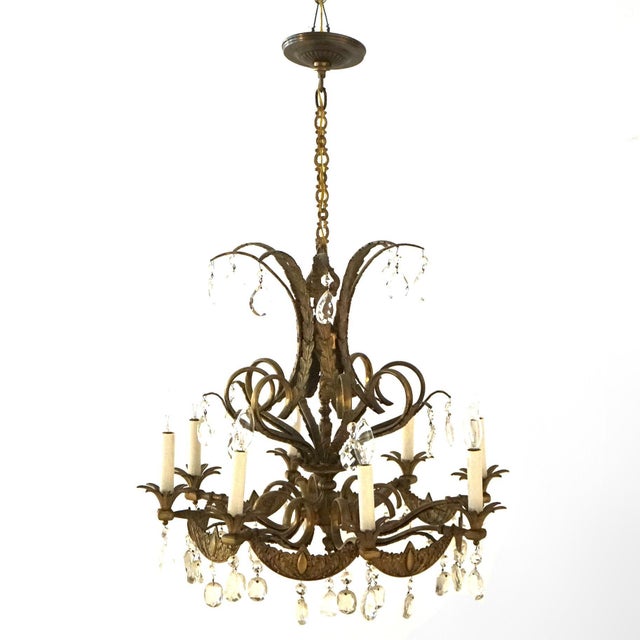 Vintage French Louis XIV Style Bronze & Crystal Eight-Light Scroll-Form Chandelier C1930 Measures - 38"h x 24"w x 24"d
