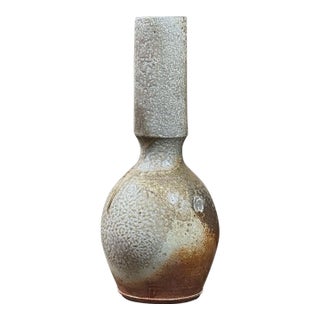 Vintage Modernist Wood Fired Stoneware Vase With Cylindrical Neck For Sale