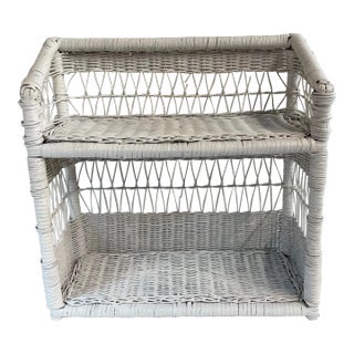 Vintage White Wicker Two Tier Shelf For Sale