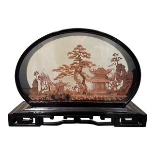 Large Vintage Chinese Hand-Carved Cork Diorama Landscape in Lacquer Frame, C. 1970s For Sale