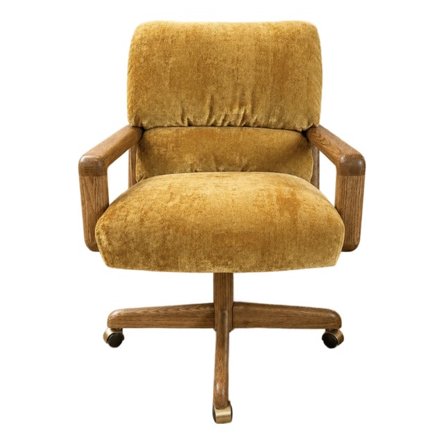 Vintage Mustard Velvet & Sculpted Walnut Exec Game Chair For Sale