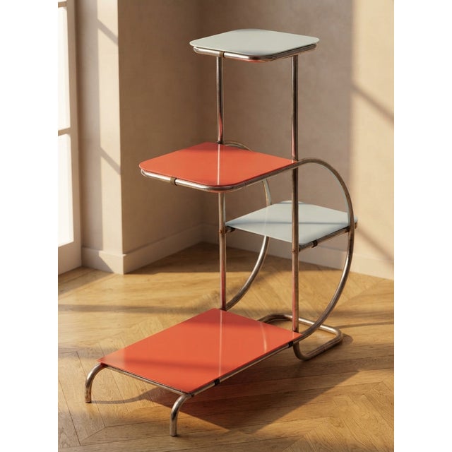 20th Century Bauhaus Steel Plant Stand with Colored Glass Shelves by Emile Guyot, Czechoslovakia, 1930 For Sale - Image 6 of 6