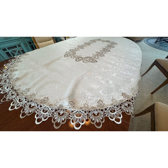Ivory Vintage LinenTablecloth, Embroidered Applique Lace, Cream and Taupe. On Ivory 18" X 55.5" Pristine For Sale - Image 8 of 17