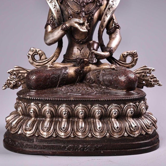 Late 20th Century Late 20th Century Nepalese Silver-Inlaid Bronze Vajrasattva Statue Buddhist Deity 8.7" For Sale - Image 5 of 9