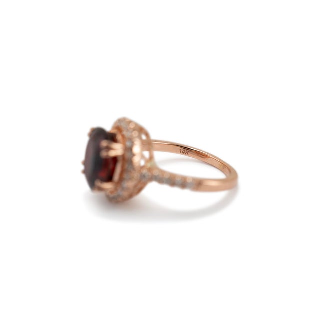 Metal Ladies 14k Rose Gold Garnet Halo Diamond Cocktail Ring, Size 5.5 For Sale - Image 7 of 9