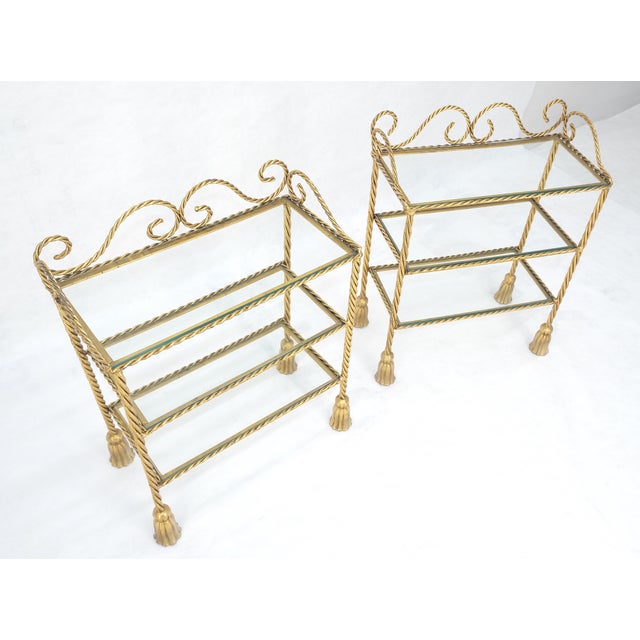 Mid 20th Century Pair of Italian 3 TierGold Gilt "Twisted Rope" Iron Side End Tables Stands MINT For Sale - Image 5 of 15