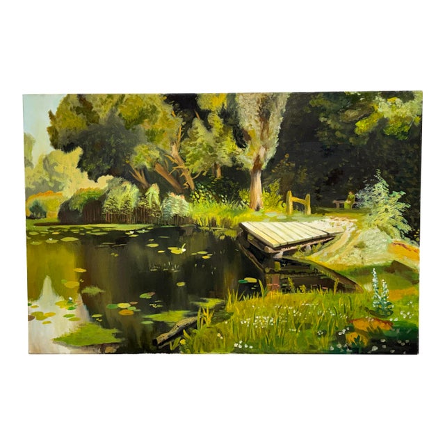 Impressionist Acrylic on Canvas Dock on a Pond Landscape Painting For Sale