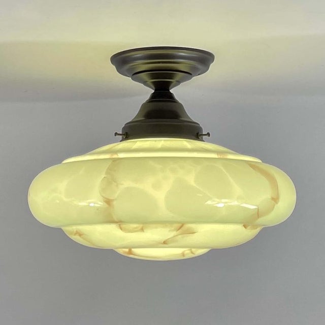 Art Deco Flush Mount in Marbled Opaline Glass and Burnished Brass, Germany, 1920s For Sale - Image 4 of 17