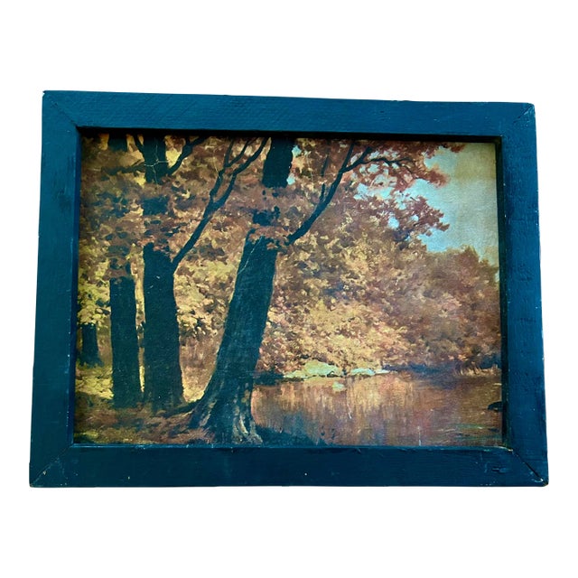 Mid 20th Century Vintage Rustic Autumn Reflecting Pond Scene Print For Sale