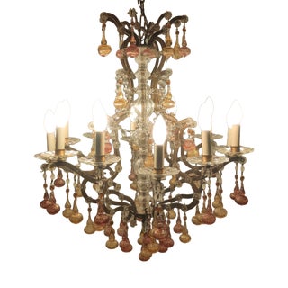 Twelve-Light Chandelier with Blown Glass Pendants attributed to Banci Firenze, 1950s For Sale