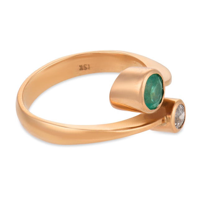 Vintage Old European Cut Diamond Emerald 18k Rose Gold Toi Et Moi Ring, Size 5.5 For Sale - Image 4 of 7
