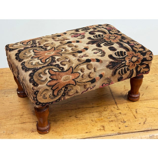 Antique Floral Upholstered Footstool W/ Turned Wood Legs For Sale - Image 4 of 11
