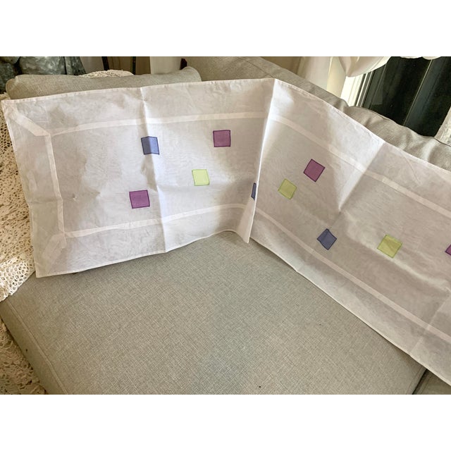 Pottery Barn Table Runner Embroidered Colored Patches Purple Blue Green on White Cotton Fabric For Sale - Image 10 of 12