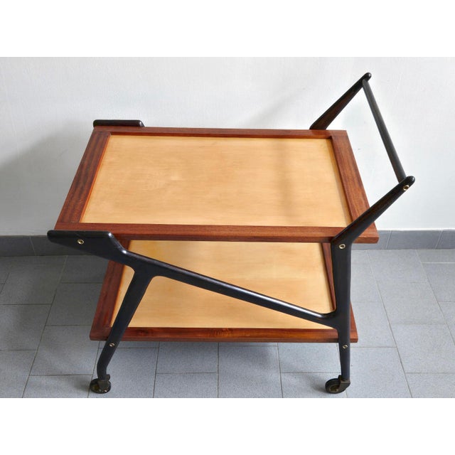 Mid-Century Modern Vintage Rolling Bar Cart in Mahogany and Varnished Wood, 1950s For Sale - Image 3 of 17