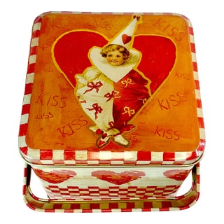 1970s Vintage Boho Chic Valentine Child Clown Heart Tin Box With Handle For Sale
