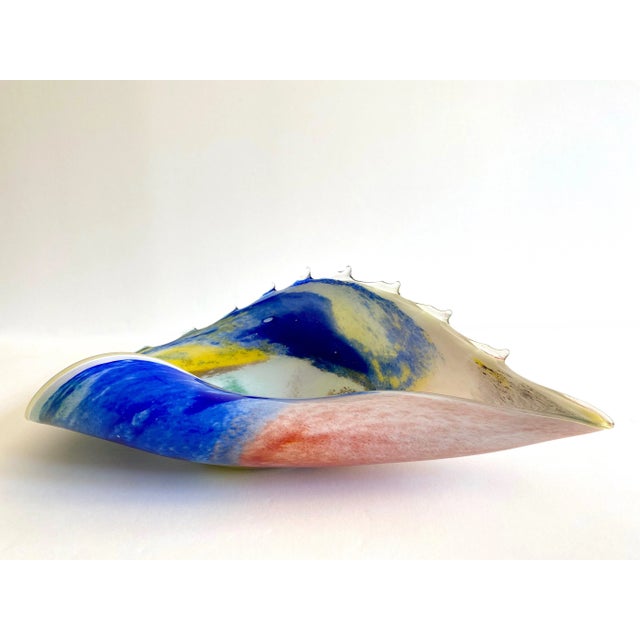 Glass Vintage 1980's Post Modern Hand Blown Studio Art Glass Multicolor Abstract Sculptural Shell Large Centerpiece Bowl For Sale - Image 7 of 13