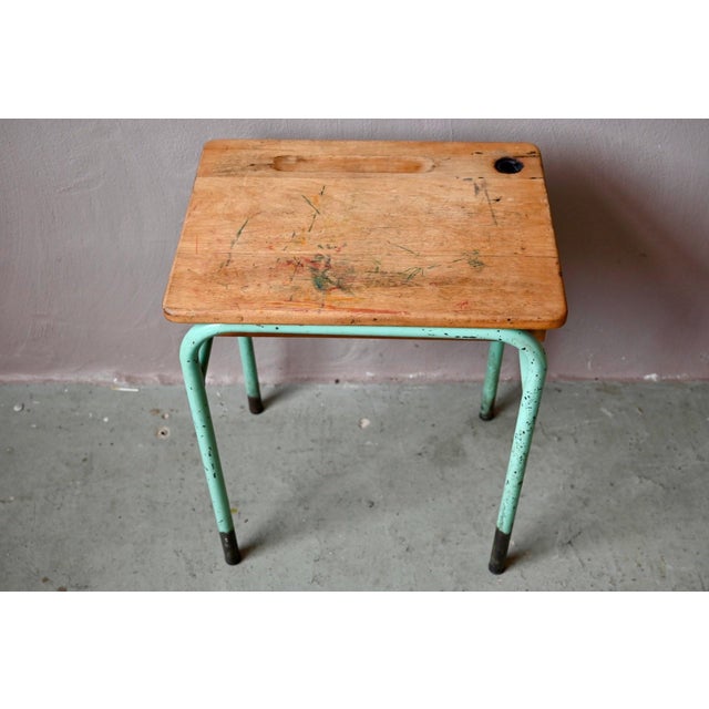 Vintage School Desk in Mint Green Metal and Wood, 1950s For Sale - Image 4 of 9
