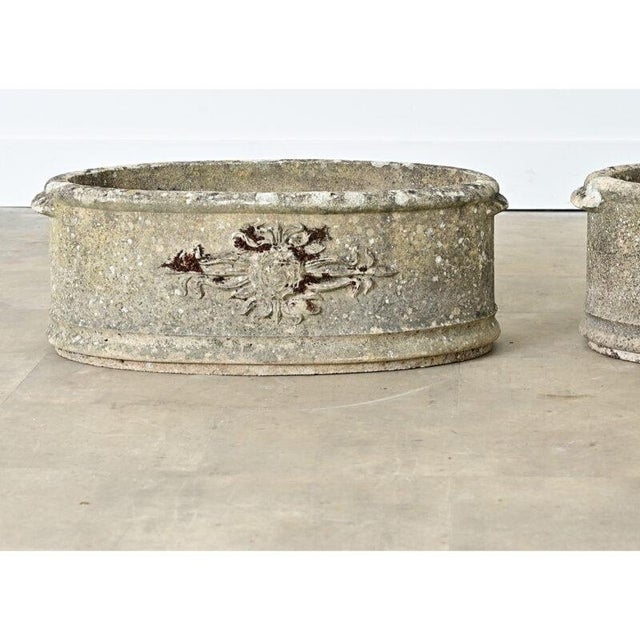 1920s English Pair of 1920s Oval Cast Stone Planters For Sale - Image 5 of 11