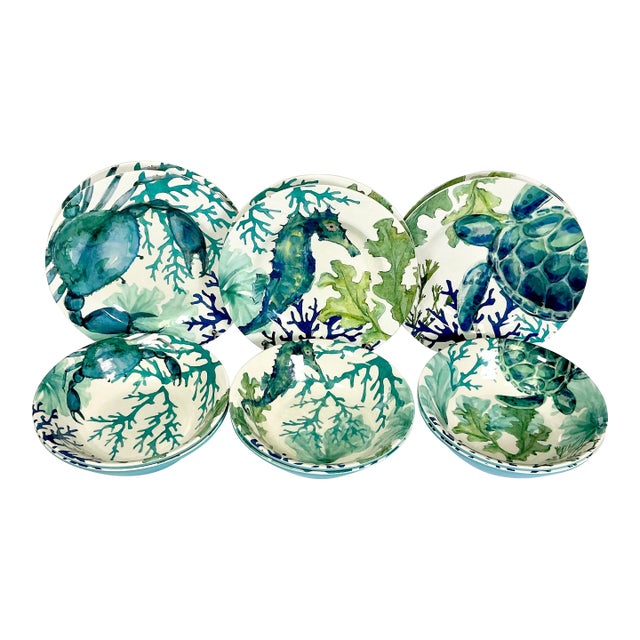 Late 20th C Boho Chic Coastal Melamine Sea Creatures Salad Plates & Bowls - Set of 12 For Sale