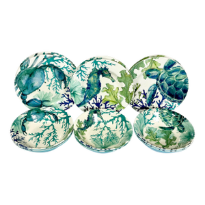 Late 20th C Boho Chic Coastal Melamine Sea Creatures Salad Plates & Bowls - Set of 12.