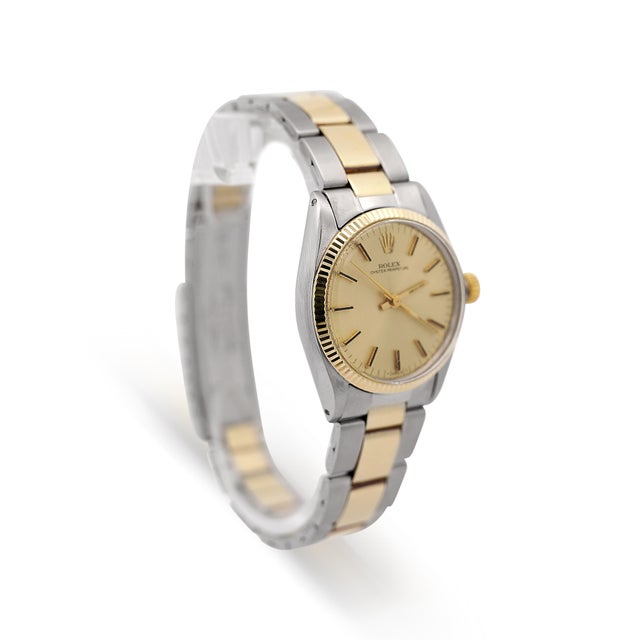 Contemporary Vintage Rolex Oyster Perpetual 6551 Two Tone 18k Gold Champagne Dial 31mm Watch For Sale - Image 3 of 9