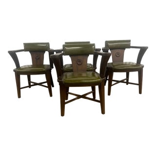 1960s Set of 4 Mid-Century Modern Vintage Green Vinyl and Wood Club Chairs For Sale