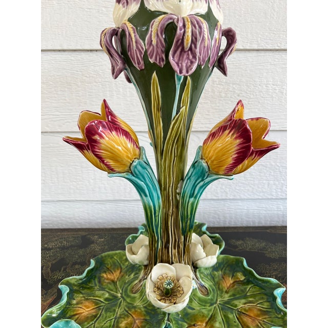 Antique French Majolica Vase Centerpiece Onnaing Art Nouveau Iris Tulip C1900 For Sale - Image 14 of 18