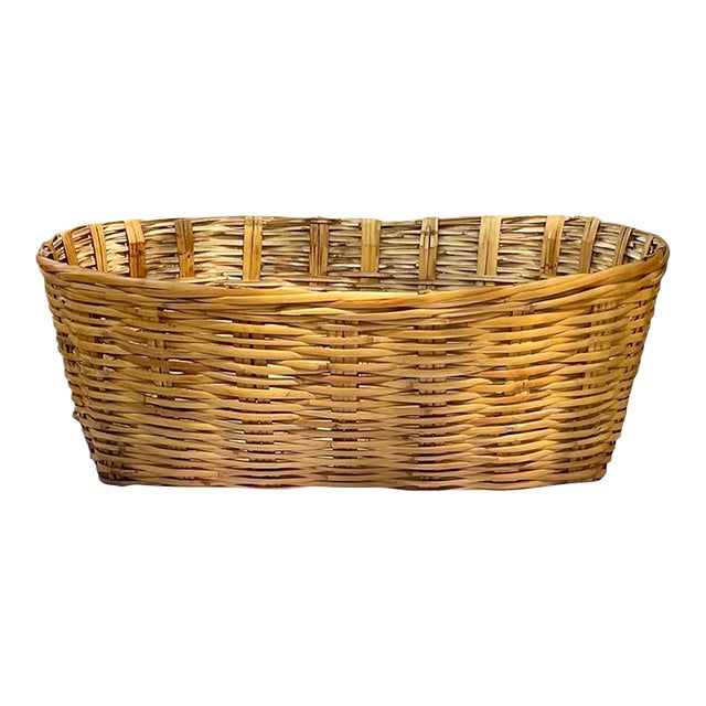 Large Vintage French Country Split Bamboo Storage Basket 32” Width For Sale