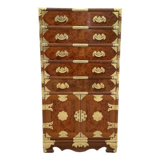 Vintage Chinese Brass and Burlwood Lingerie Armoire For Sale