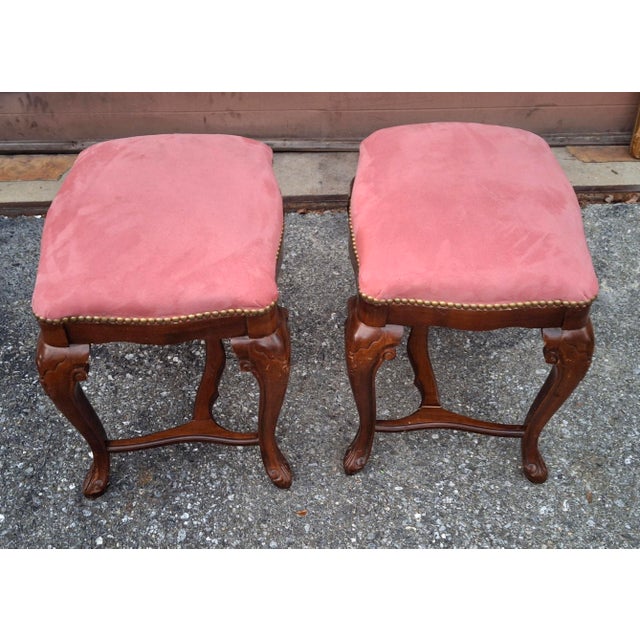 Wood Late 20th Century Pair Italian Walnut and Pink Suede Upholstered Low Stools Footstools For Sale - Image 7 of 9